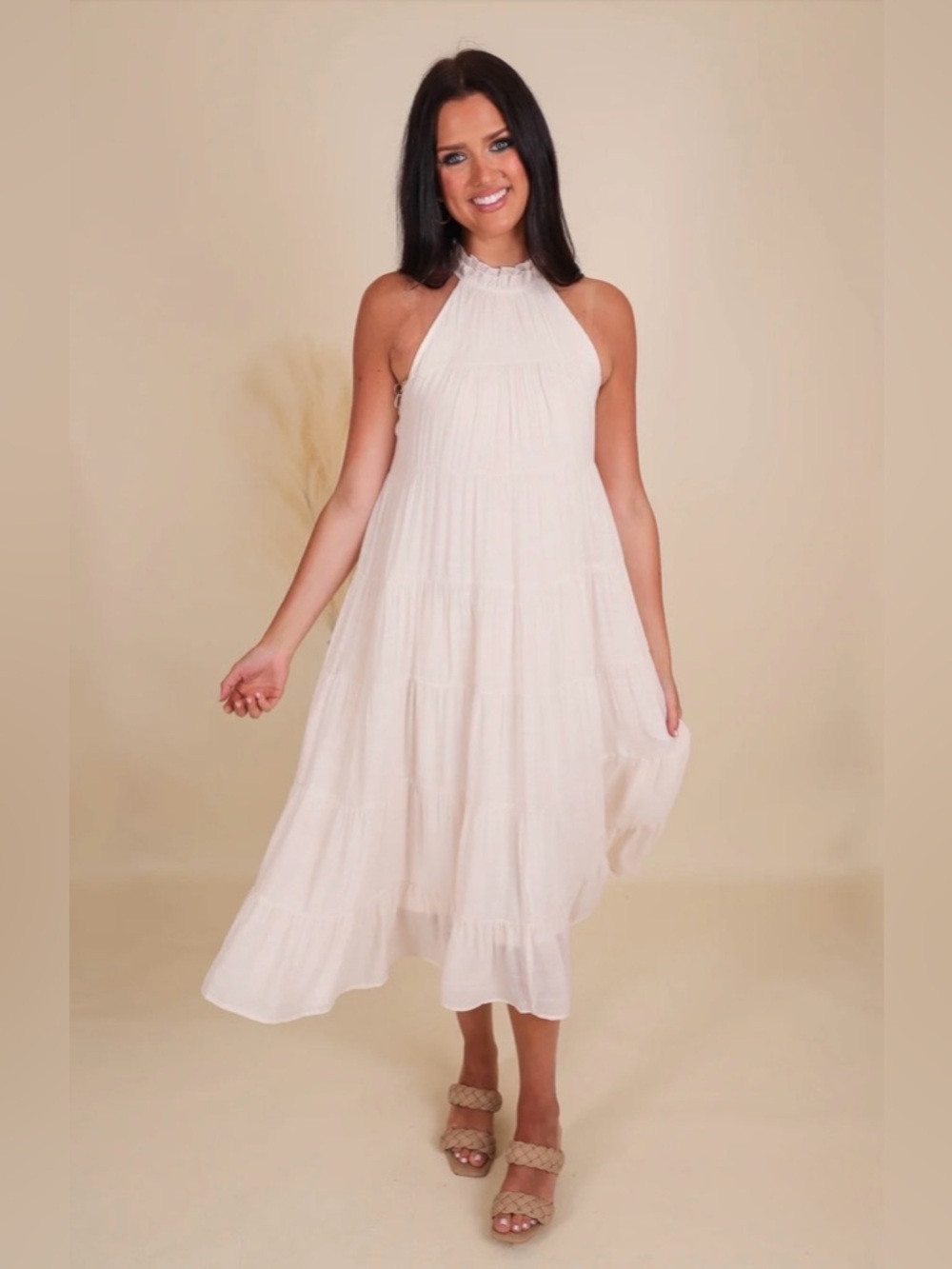 Boutique White Ruffle Neck Entro Tiered Layered Midi Dress Lined Back Tie Medium